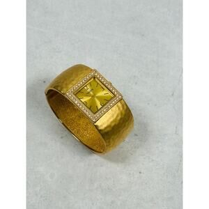 Chicos Watch Bracelet Rhinestone Bezel Hammered Metal Clamper 28mm New Battery